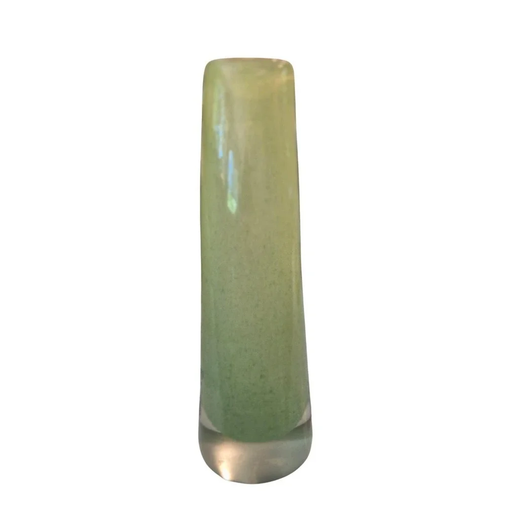 Signed Henry‎ Dean Lichen Green Art Glass Bud Vase Curved Hand Blown Belgium